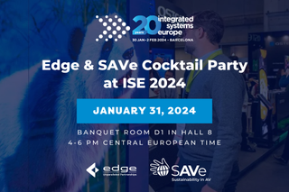 A cocktail party announcement for ISE 2024 hosted by SAVe.