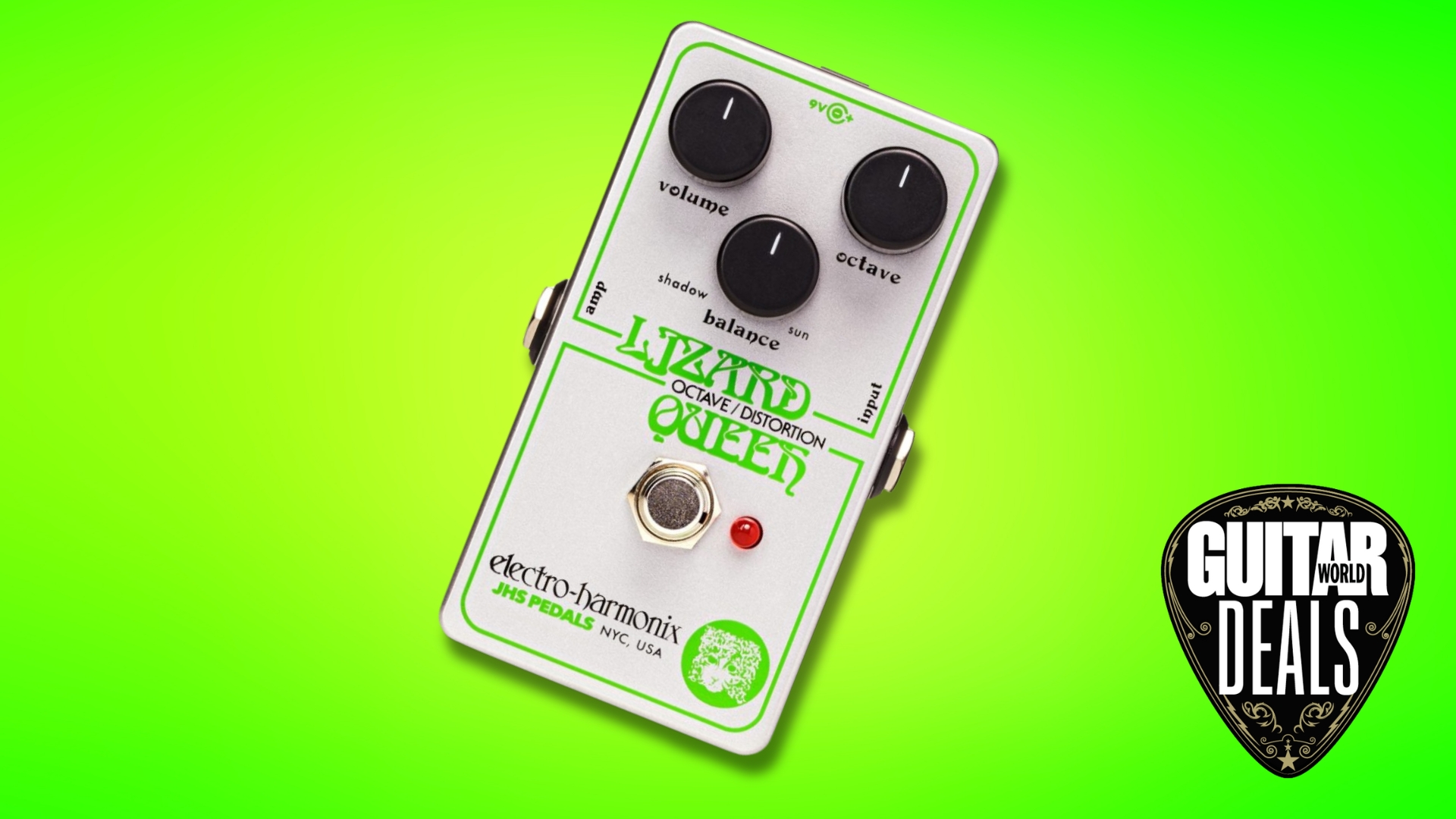 An Electro-Harmonix Lizard Queen on a green background