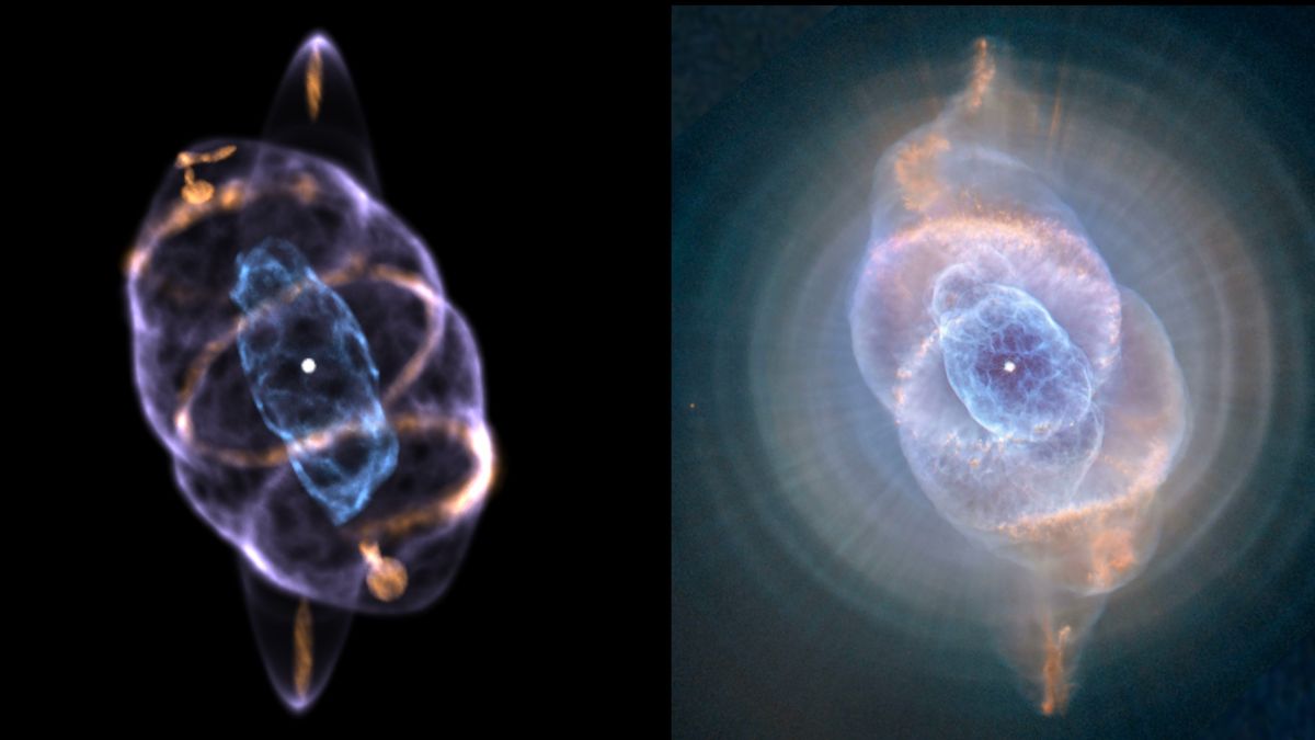 A 3D model of the Cat&#039;s Eye Nebula (left) compared to a Hubble Space Telescope image (right) of the same. 