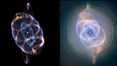 A 3D model of the Cat's Eye Nebula (left) compared to a Hubble Space Telescope image (right) of the same. 