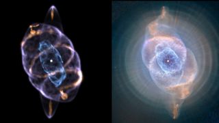 A 3D model of the Cat's Eye Nebula (left) compared to a Hubble Space Telescope image (right) of the same. 