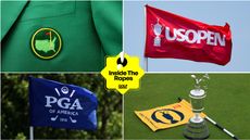 A Masters green jacket, red US Open flag, blue PGA of America flag and the claret jug and an Open flag on the ground with a yellow Inside The Ropes logo centered