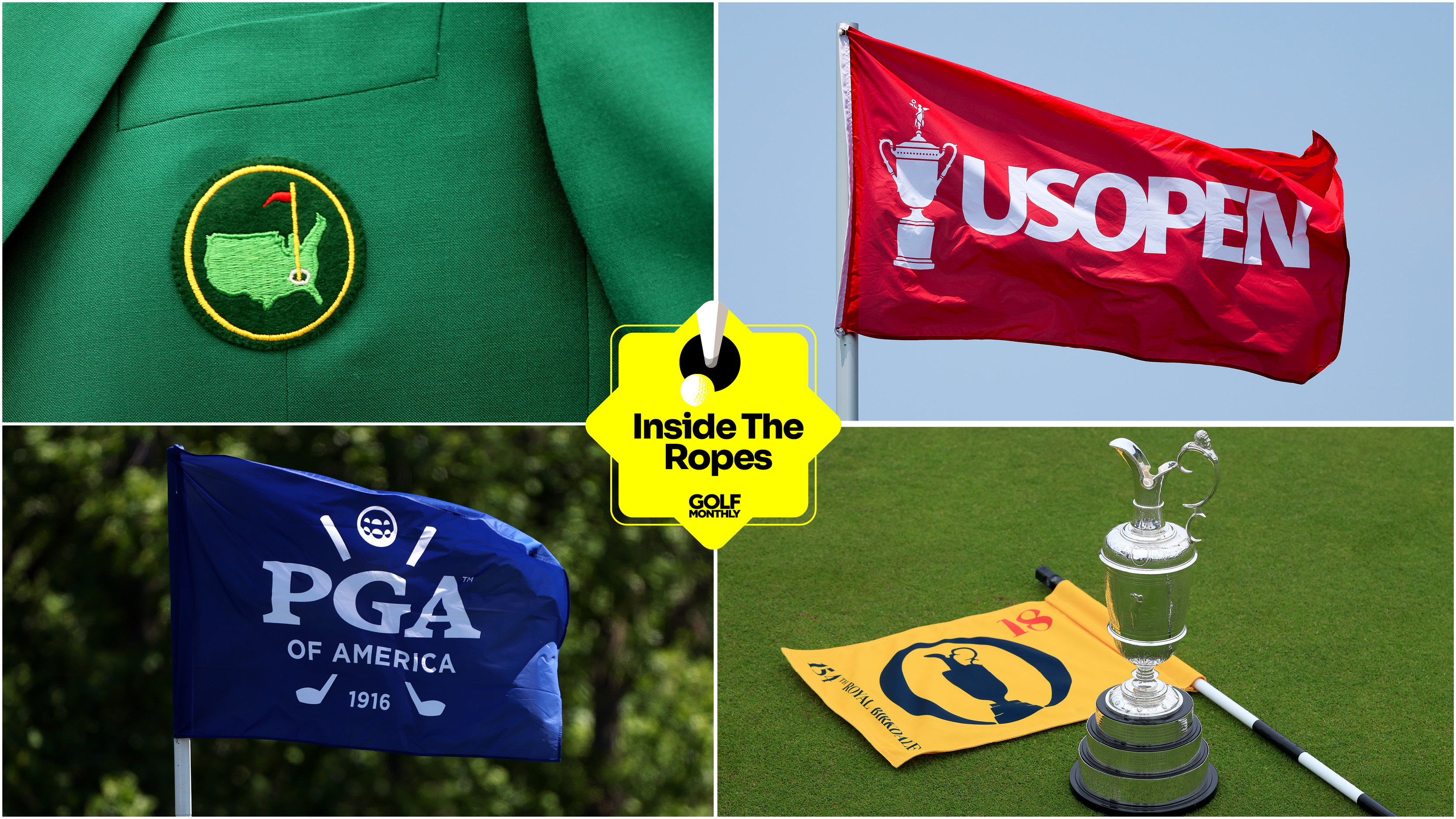 A Masters green jacket, red US Open flag, blue PGA of America flag and the claret jug and an Open flag on the ground with a yellow Inside The Ropes logo centered