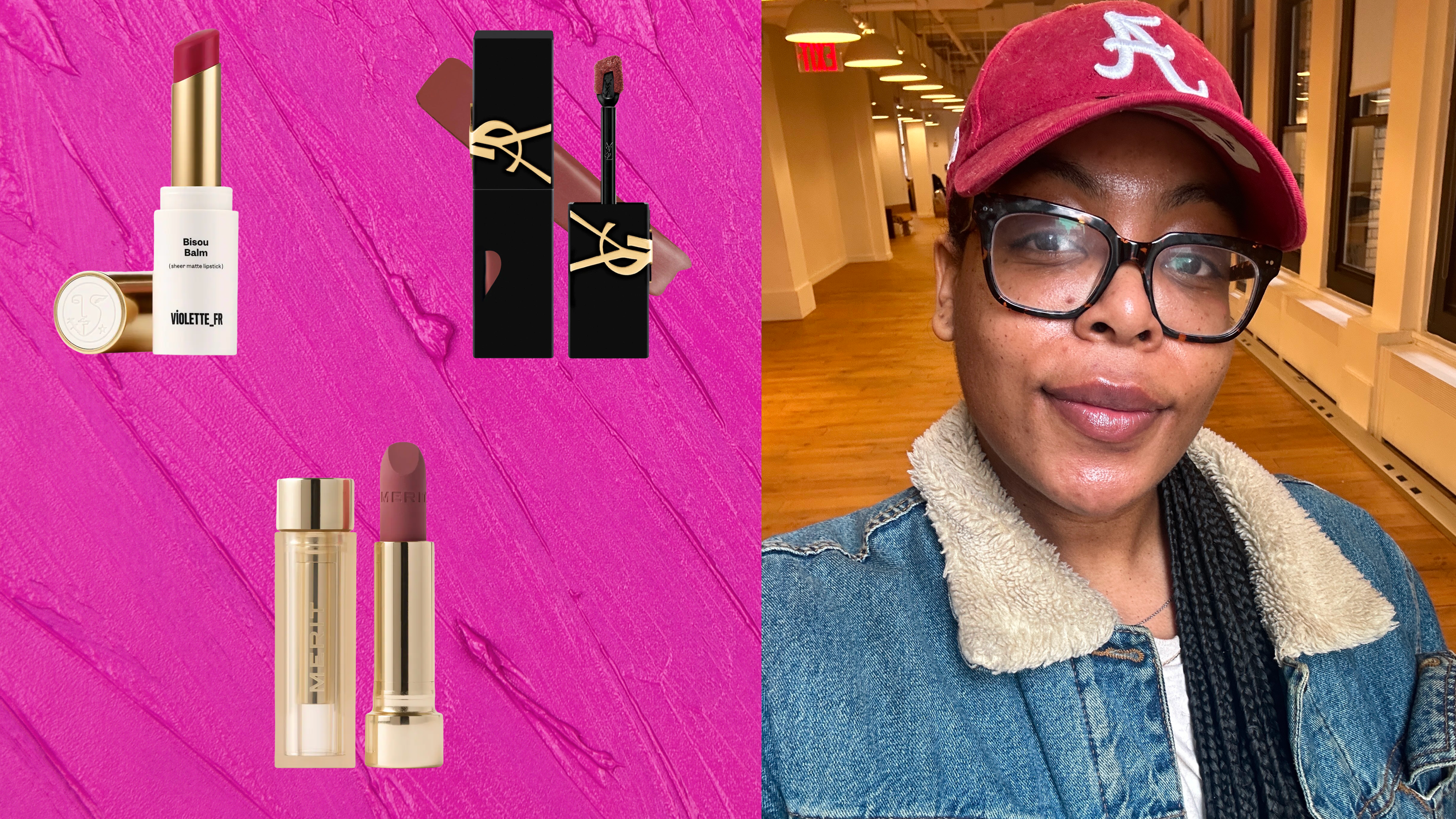 An image of a woman with long braids wearing a red baseball hat and a jean jacket next to three images of lipsticks. The lipsticks are in front of a textured fuscia background.