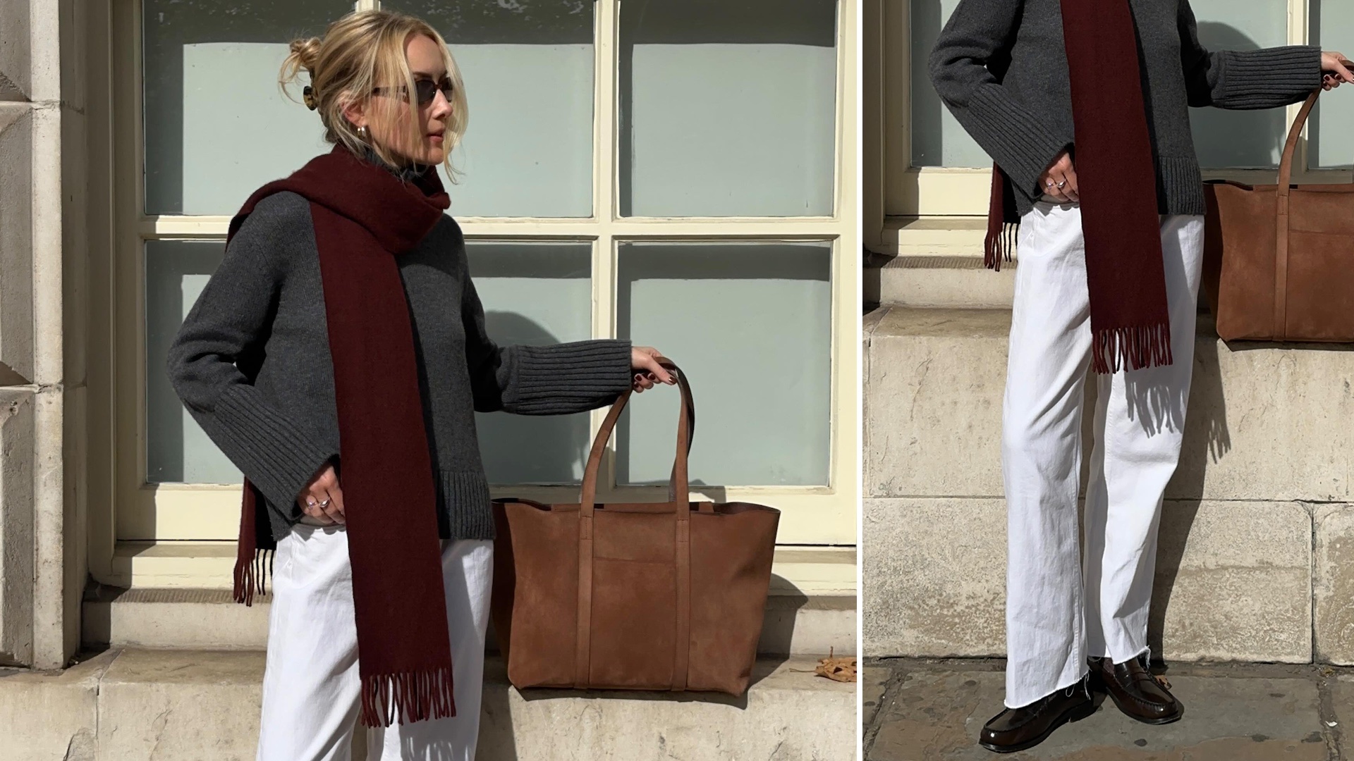British style influencer Chloe Butler stands outside in London wearing a gray oversize sweater, burgundy scarf, brown suede tote bag, white jeans, and black loafers