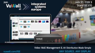 The products and solutions VuWall will be sharing at ISE 2023 are highlighted in front of a collaboration room. 
