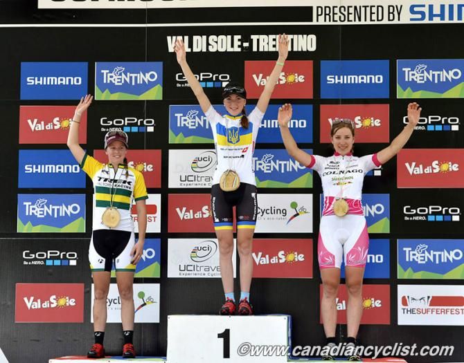 Women's U23 cross country podium in Val di Sole (L-R): Rebecca Henderson, Yana Belomoyna and Andrea Waldis