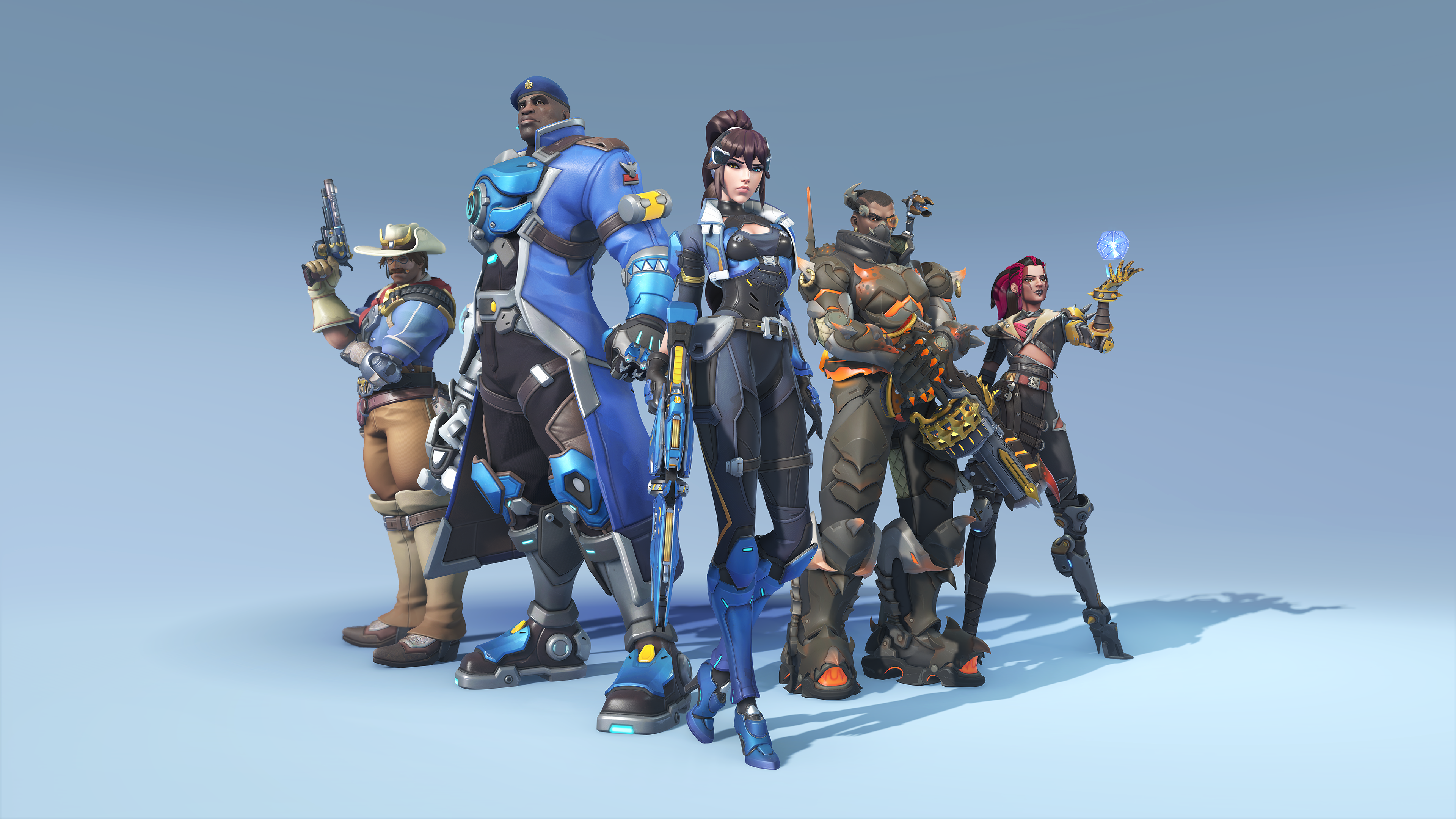 Several Overwatch 2 heroes wearing Overwatch-themed skins on a light blue background