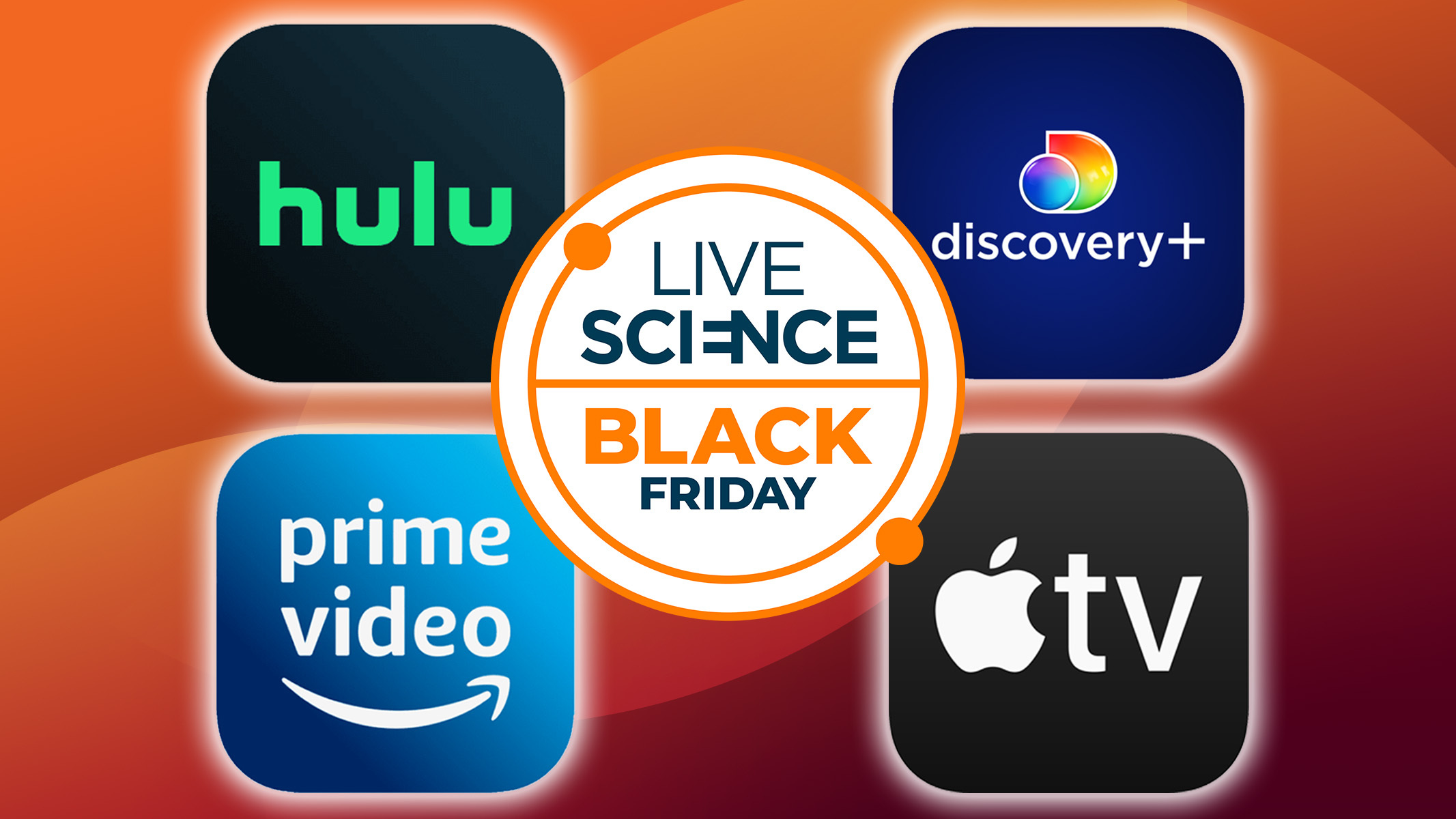 Composite image with the Hulu, Discovery+, Prime Video and Apple TV logos