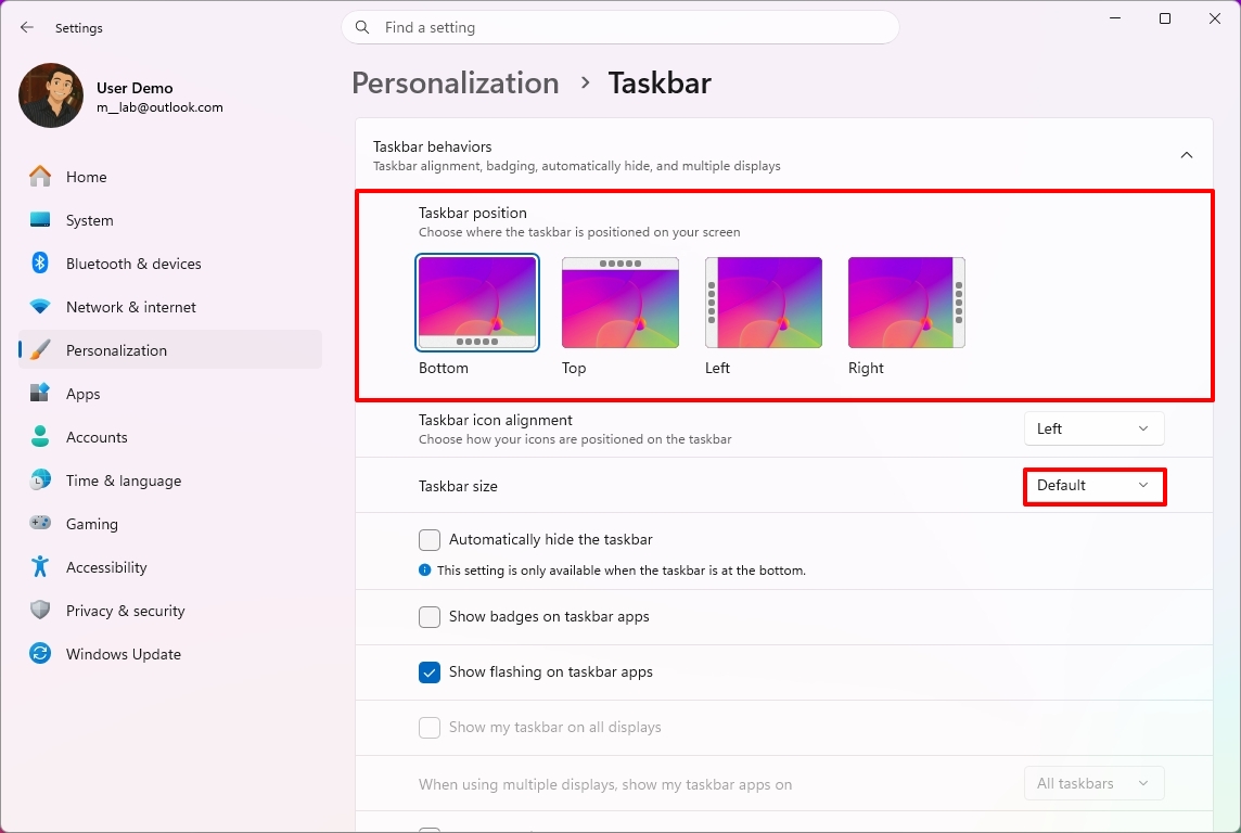 Windows 11 Settings showing the Taskbar position options.
