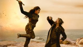 Ercell (Priyanka Chopra Jonas) leaps at Captain Connor (Karl Urban) in a swordfight in a still from Prime Video's "The Bluff"