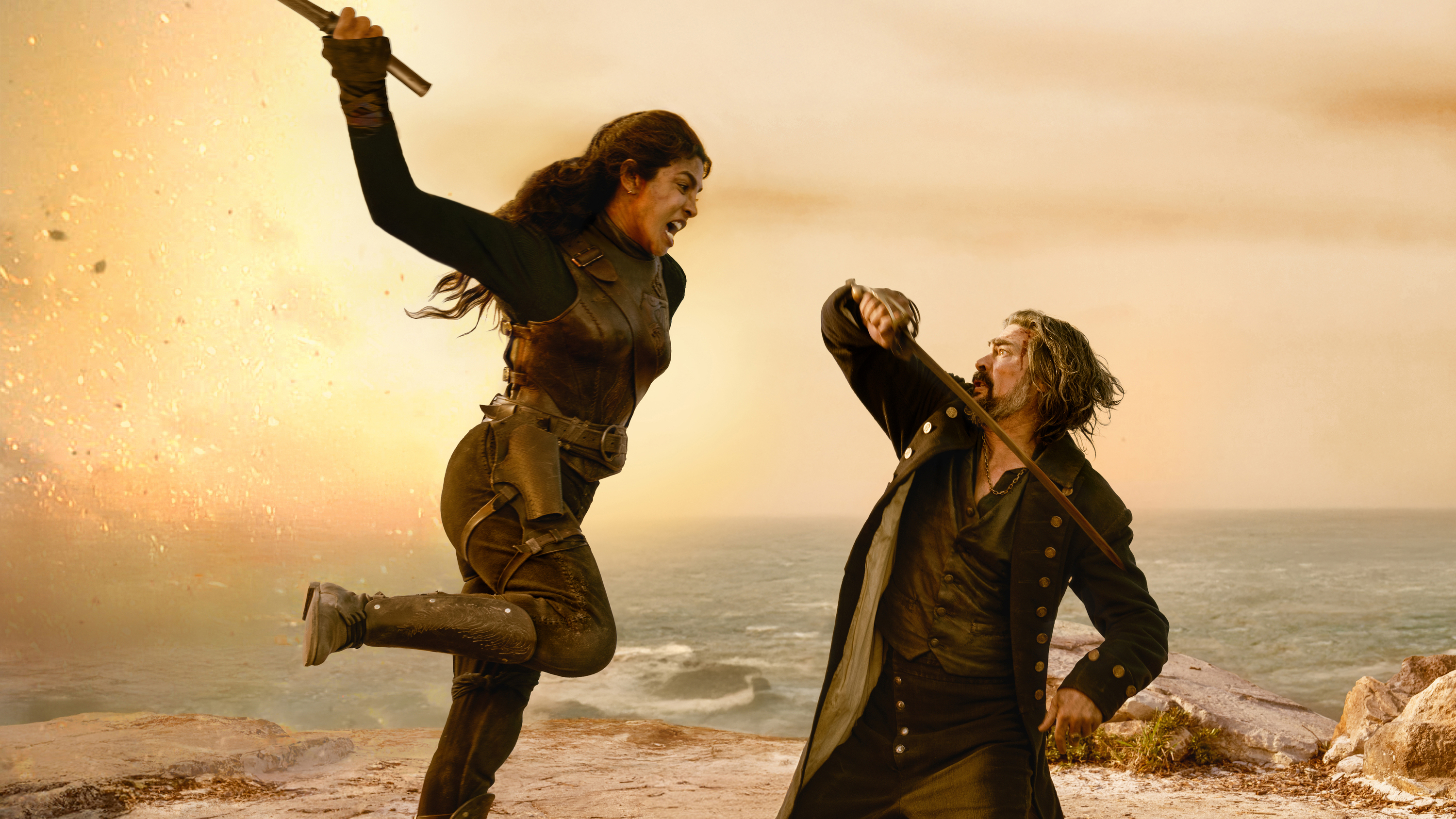 Ercell (Priyanka Chopra Jonas) leaps at Captain Connor (Karl Urban) in a swordfight in a still from Prime Video's &amp;quot;The Bluff&amp;quot;