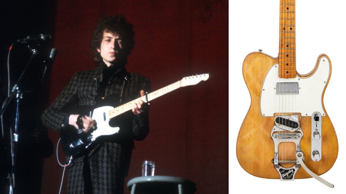 L-Bob Dylan plays a Fender Telecaster electric guitar as he performs on stage at the Westchester County Center on February 5, 1966 in White Plains, New York;R-Bob Dylan and Robbie Robertson&#039;s 1965 Fender Telecaster