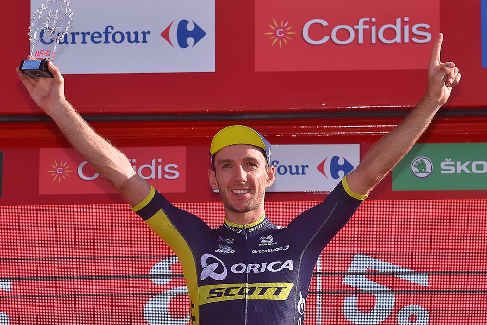 Adam Yates on the Vuelta podium after stage 4