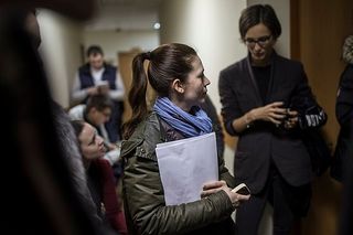 Oksana Baulina is seen in Moscow court prior to being sentenced as a part of Alexey Navalny's team.