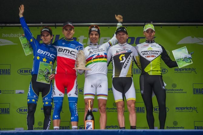 Elite men's podium: Moritz Milatz, Julien Absalon, Nino Schurter, Florian Vogel, Rudi van Houts