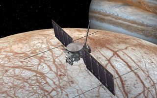 Artist's rendering of the Europa Clipper spacecraft above the surface of Europa.