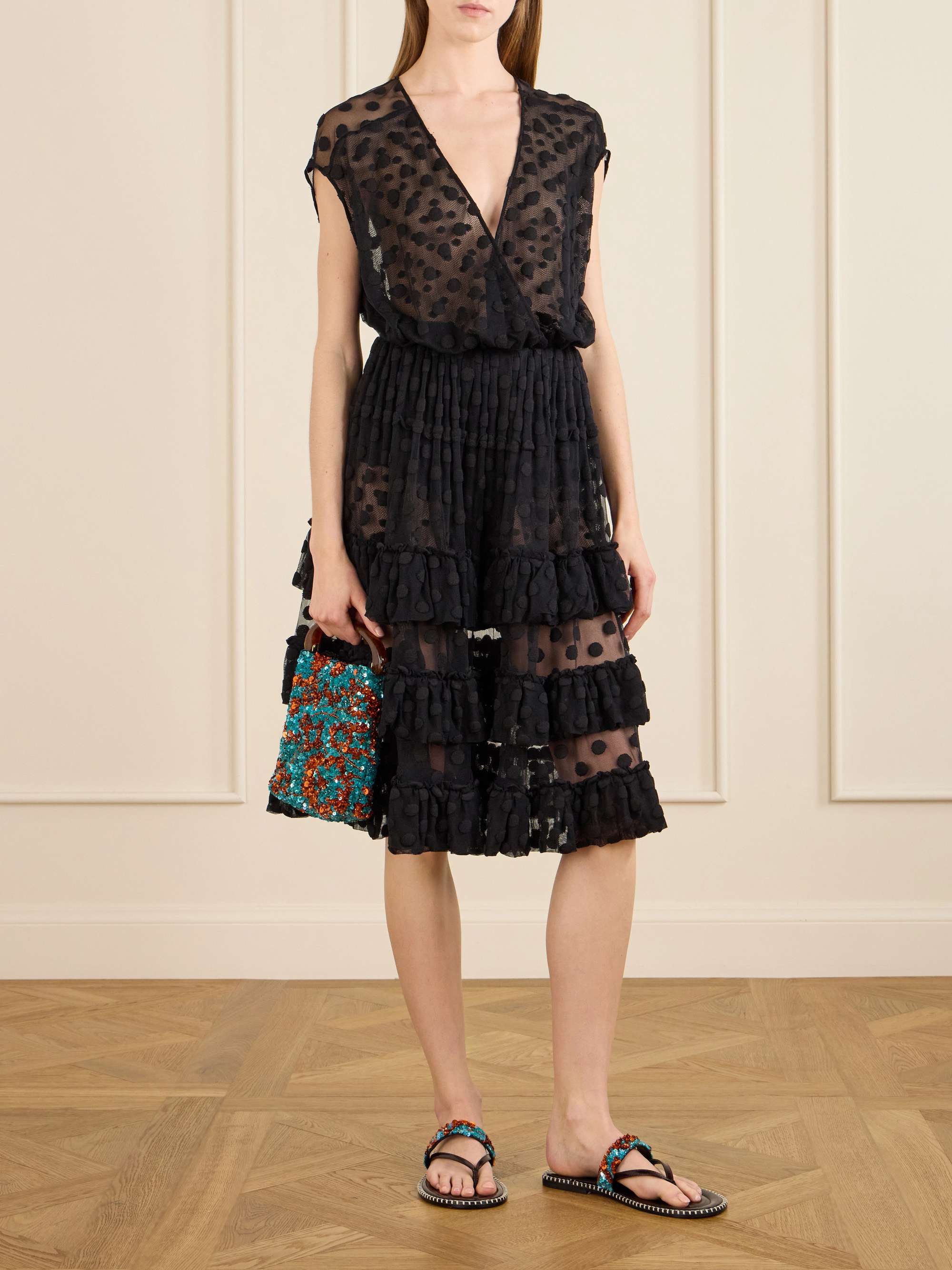 Ruffled Polka-Dot Cotton-Blend Mesh Midi Dress
