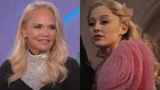 From left to right, Kristin Chenoweth smiling on The Kelly Clarkson Show and Ariana Grande as Glinda in a big pink dress in Wicked. 