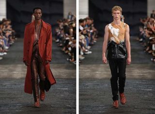 2 male models walking the runway in red & black looks