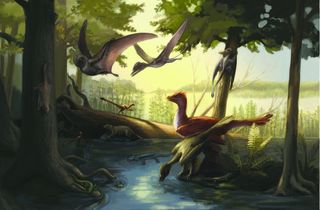 Here, a reconstruction of the Daohugou fauna featuring feathered dinosaurs, pterosaurs, early mammals and amphibians among others.