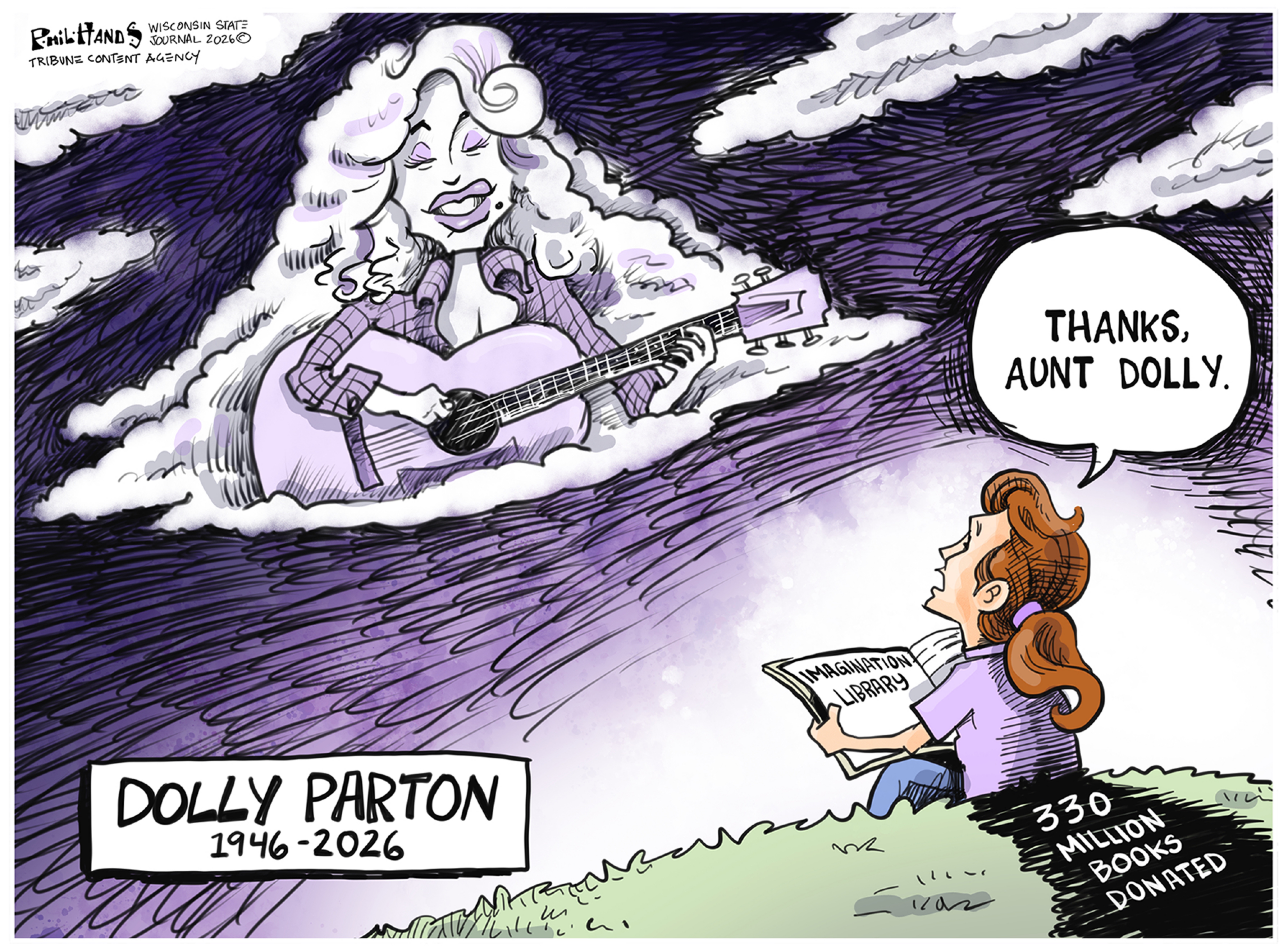 A teenage girl reads a book from the Imagination Library and looks to the sky. She sees a cloud-like image of Dolly Parton playing a guitar. The girl says, "Thanks Aunt Dolly." The shadow cast behind the girl is labeled "330 million books donated".