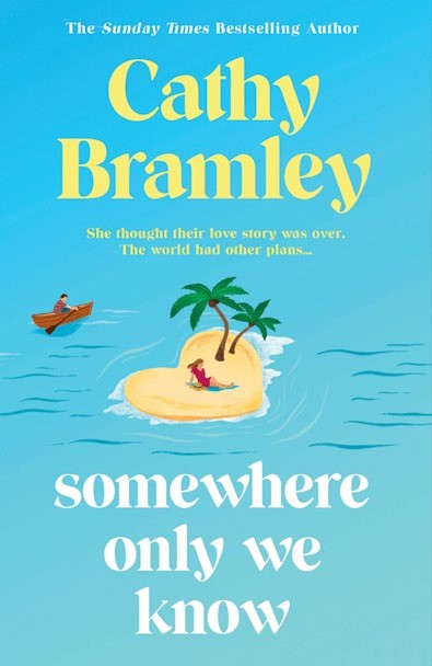 Cover of Cathy Bramley&#039;s book &#039;Somewhere Only We Know&#039;, featuring a heart-shaped island with palm trees and a boat, set against a bright blue background.