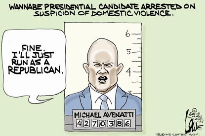 Political cartoon U.S. Michael Avenatti arrested domestic violence presidential candidate Republican