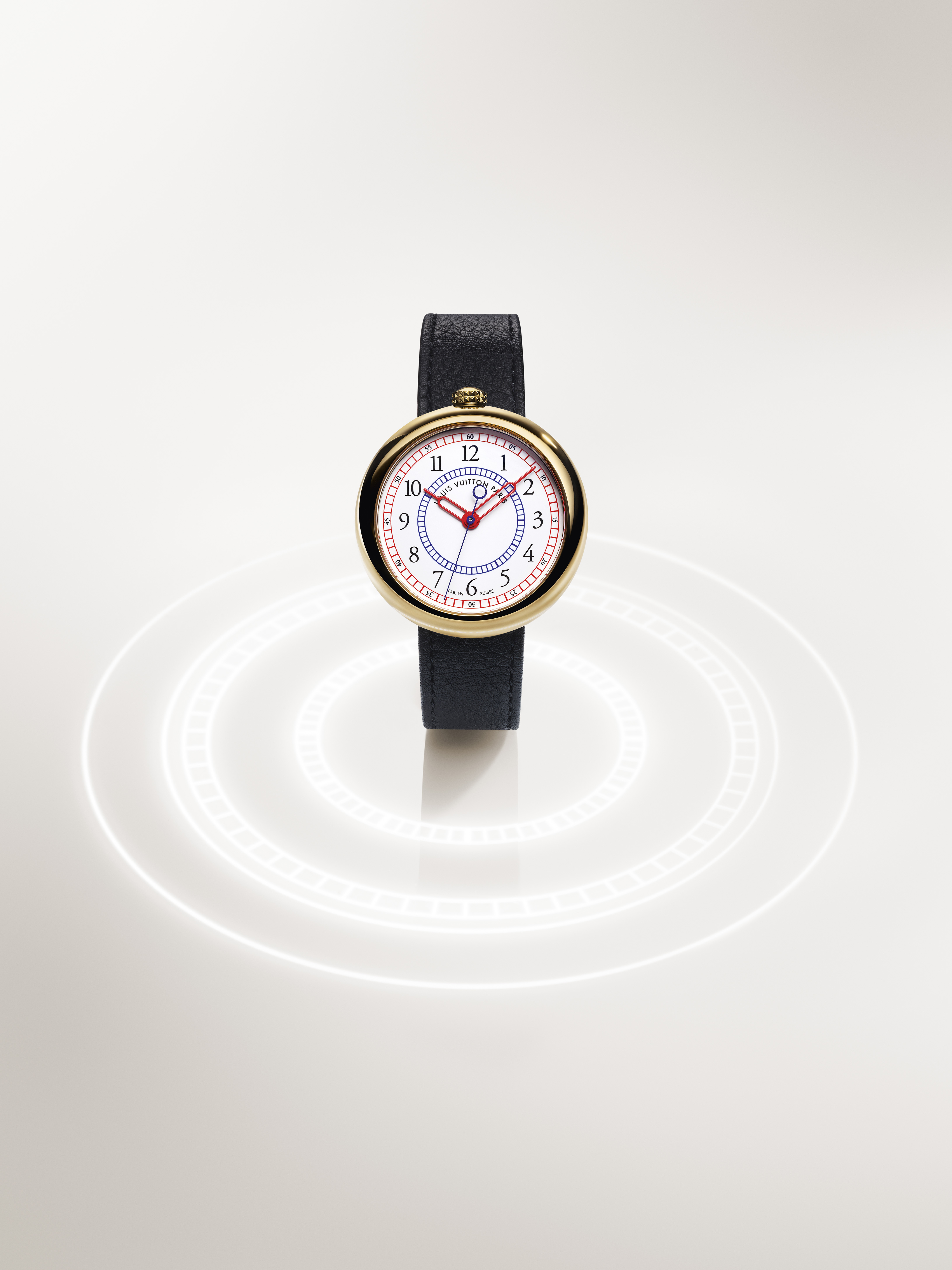 louis vuitton watch with white face and blue and red numerals