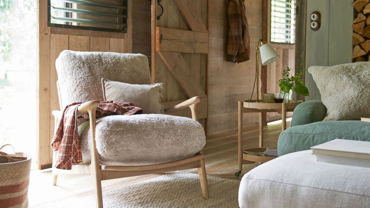 rustic living room with boucle chair