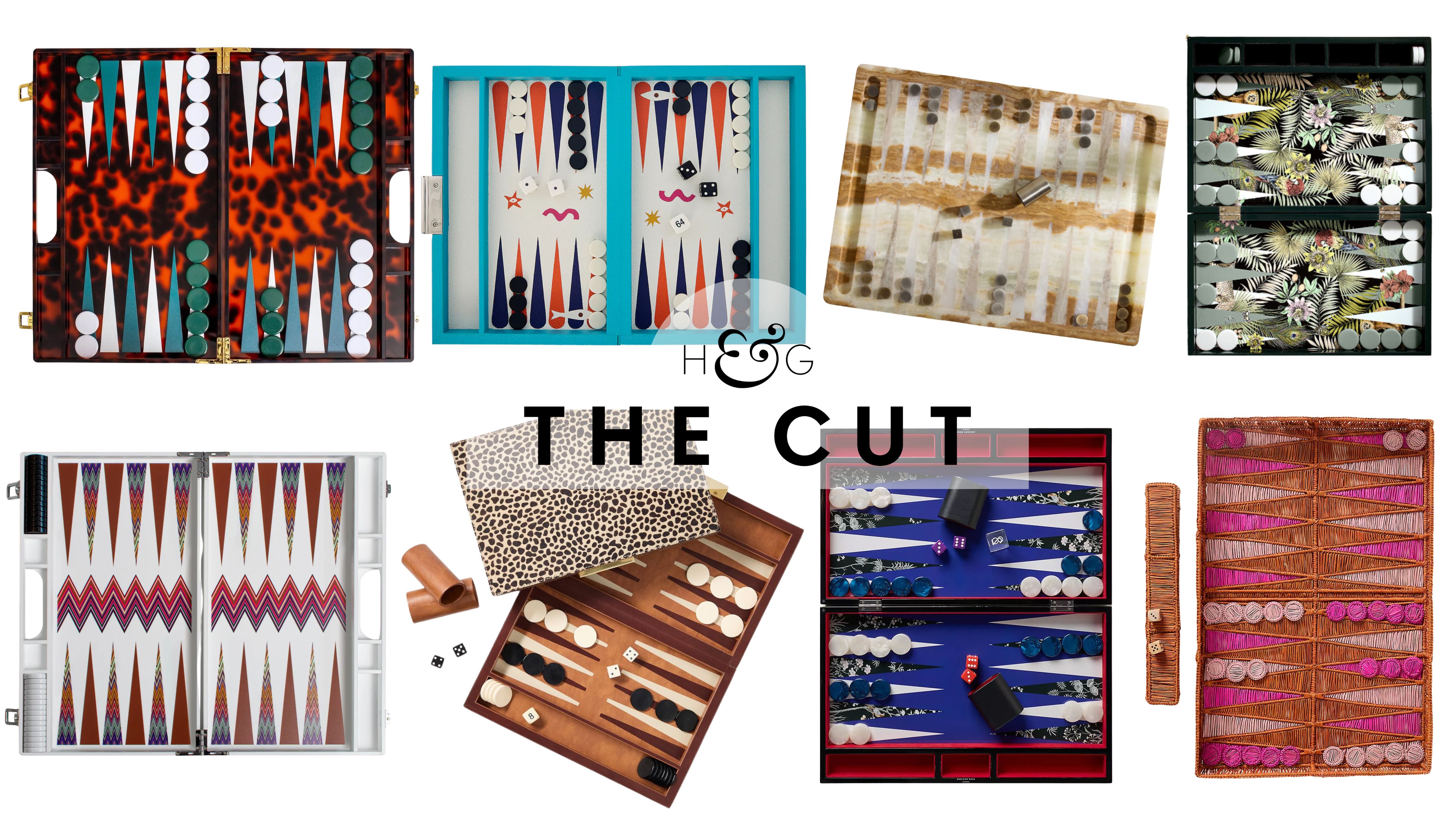 Assorted backgammon sets pictured against a white background