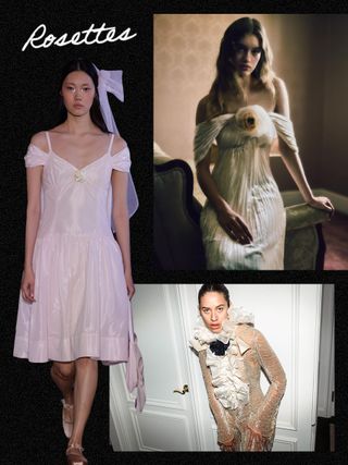 A collage of images featuring wedding dresses with rosettes.