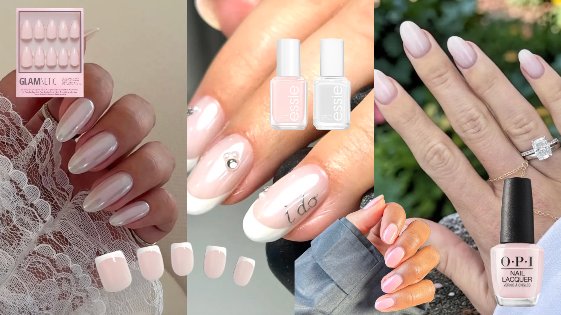 collage of engagement manicures in baby pinks and white with rhinestones and a range of different nail polishes and press ons