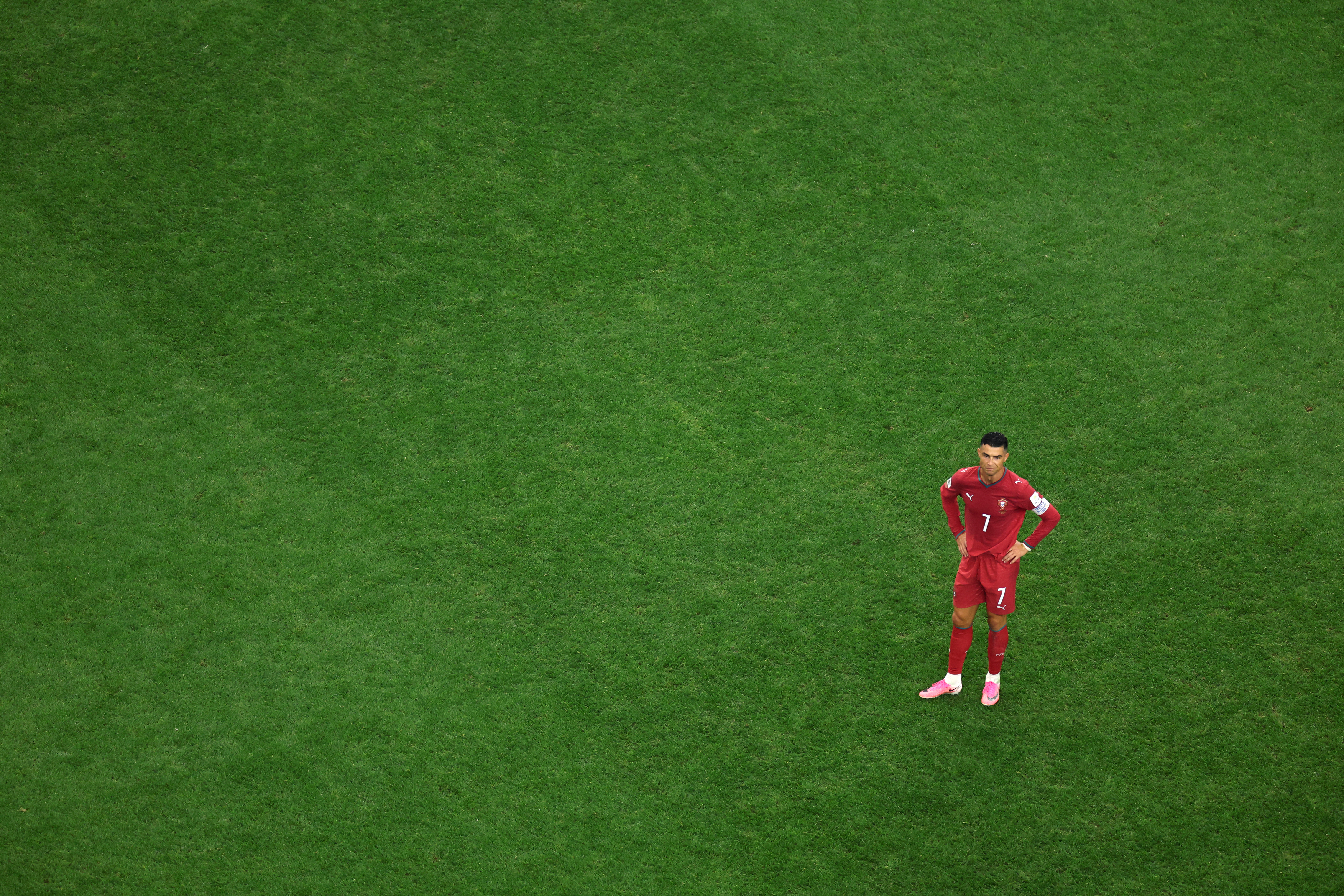 ARLINGTON, TEXAS - JULY 06: Cristiano Ronaldo #7 of Portugal reacts after conceding a first goal to Mikel Merino #6 of Spain during the FIFA World Cup 2026 Round of 16 match between Portugal and Spain at Dallas Stadium on July 06, 2026 in Arlington, Texas. (Photo by Kevin C. Cox/Getty Images)