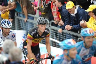 Belgian Champion Tom Boonen (Quick Step) finishes stage six, he crashed near the end on the wet roads.