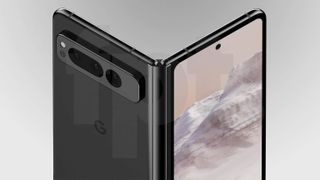 Image of a leaked render of the Google Pixel Fold in black, showing its cameras