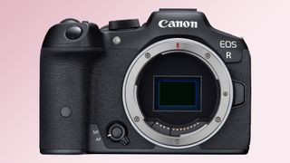 A mock-up of the Canon EOS R50 on a pink background