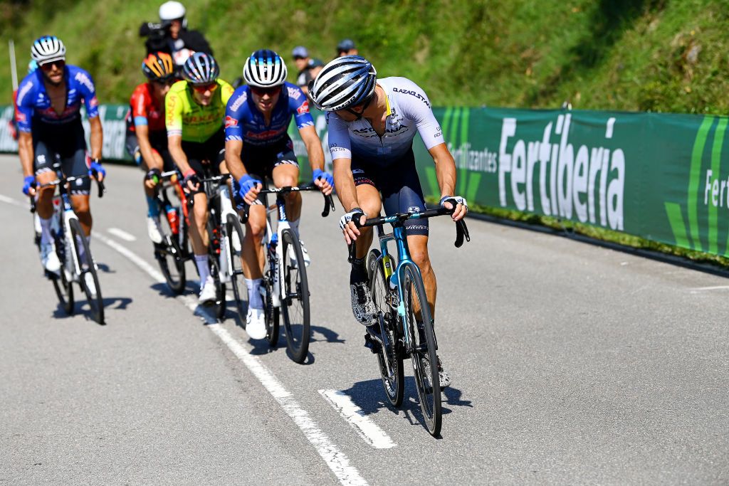 LES PRAERESNAVA SPAIN AUGUST 28 Samuele Battistella of Italy and Team Astana Qazaqstan attacks in the breakaway during the 77th Tour of Spain 2022 Stage 9 a 1714km stage from Villaviciosa to Les Praeres Nava 743m LaVuelta22 WorldTour on August 28 2022 in Les Praeres Nava Spain Photo by Tim de WaeleGetty Images