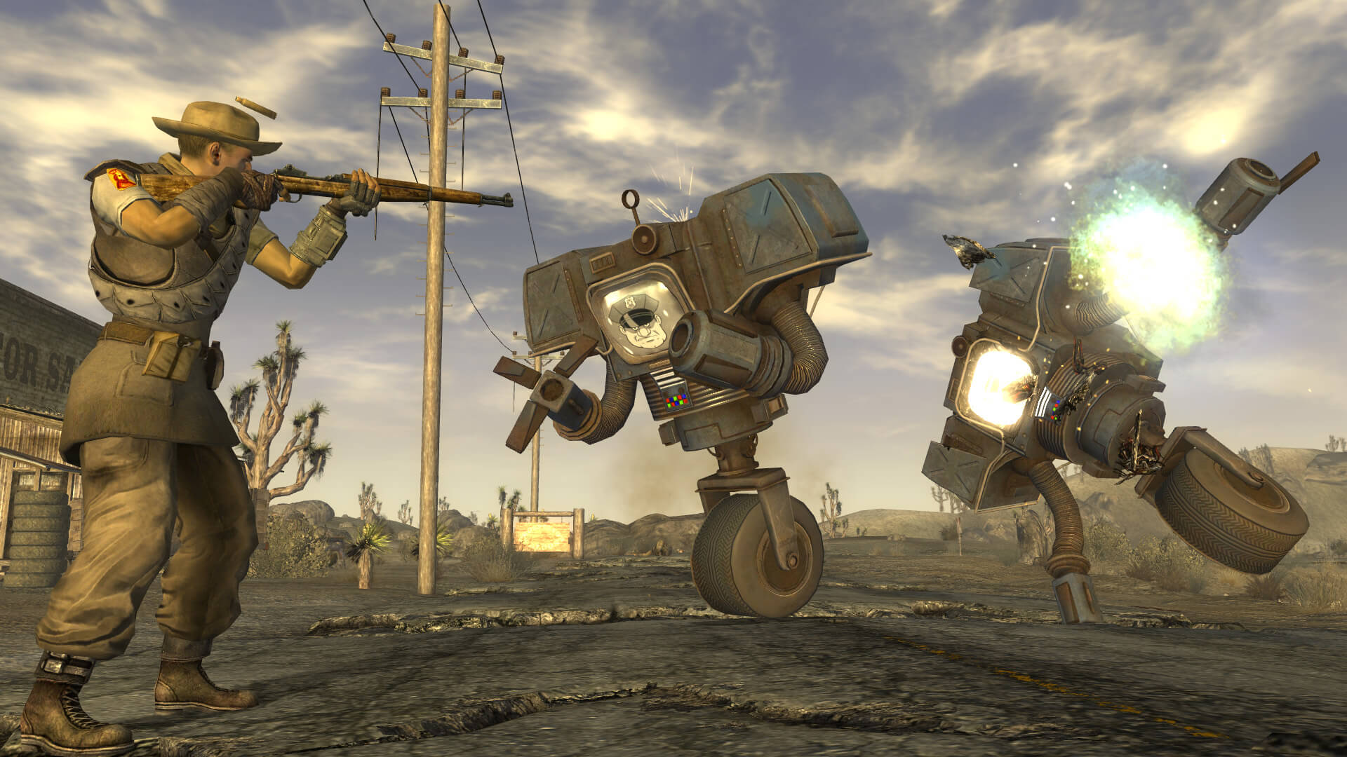 Free Epic games — In Fallout: New Vegas, the player character opens fire with a rifle on a pair of Securitron robots.