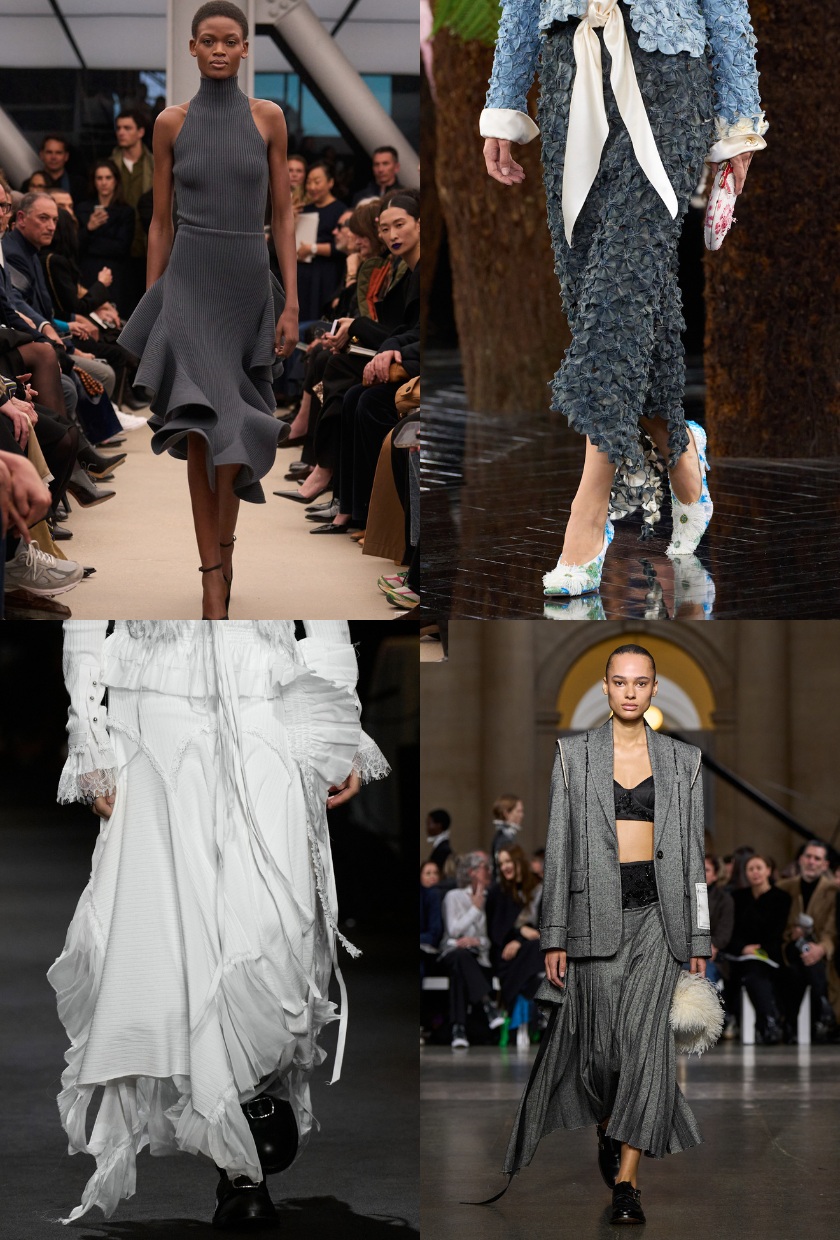 Four images of asymmetric skirt trends, including three grey skirts and one white one from autumn winter 2026 runways