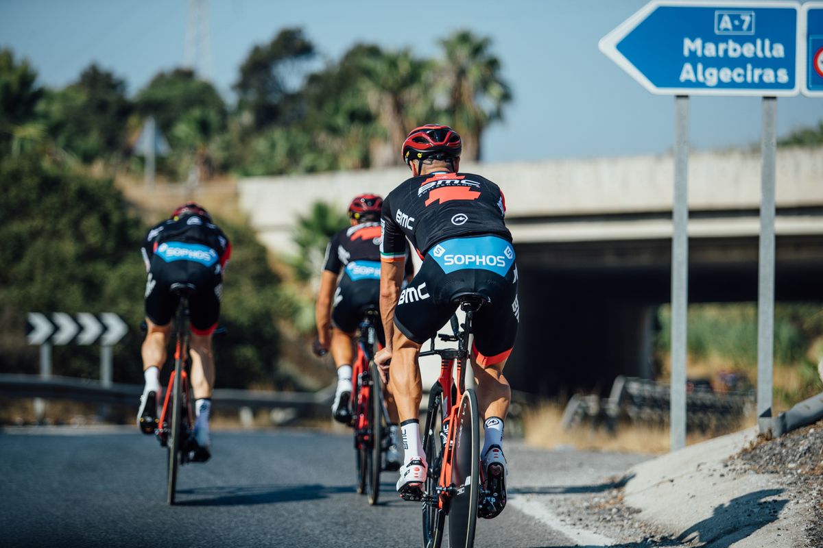 The BMC team sets off on a final training ride before the start of the Vuelta a Espana, using a mix of TT and road bikes.