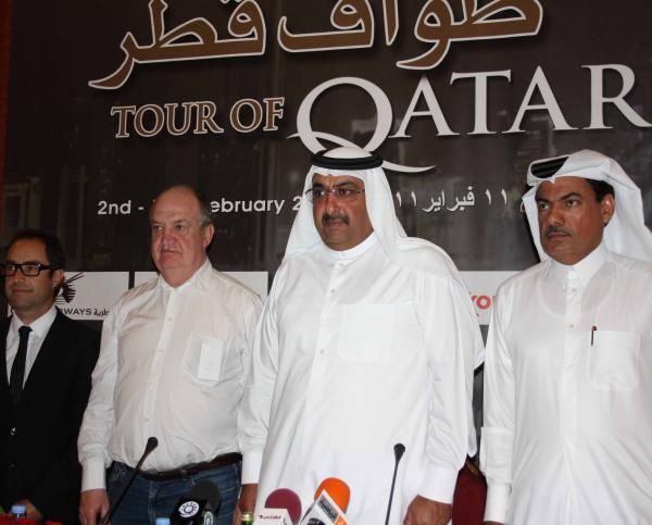 Jean-Fran&ccedil;ois Pescheux and Sheikh Khalid Bin Ali Bin Abdullah Al Thani launch the Tour of Qatar.