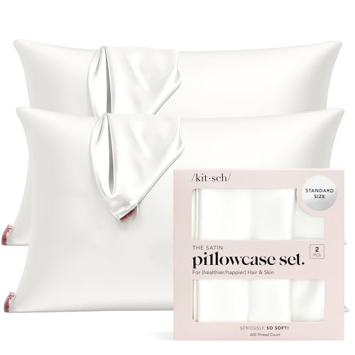 Kitsch Satin Pillowcase With Zipper for Hair &amp;amp; Skin - Softer Than Silk Pillow Cases, Smooth Cooling Satin Pillow Case, Wrinkle-Free, Machine Washable - Pillow Cases Standard Size (19x26), Ivory 2pcs