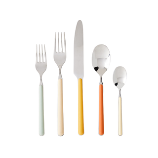 two forks, one knife, and two spoons in varying colors