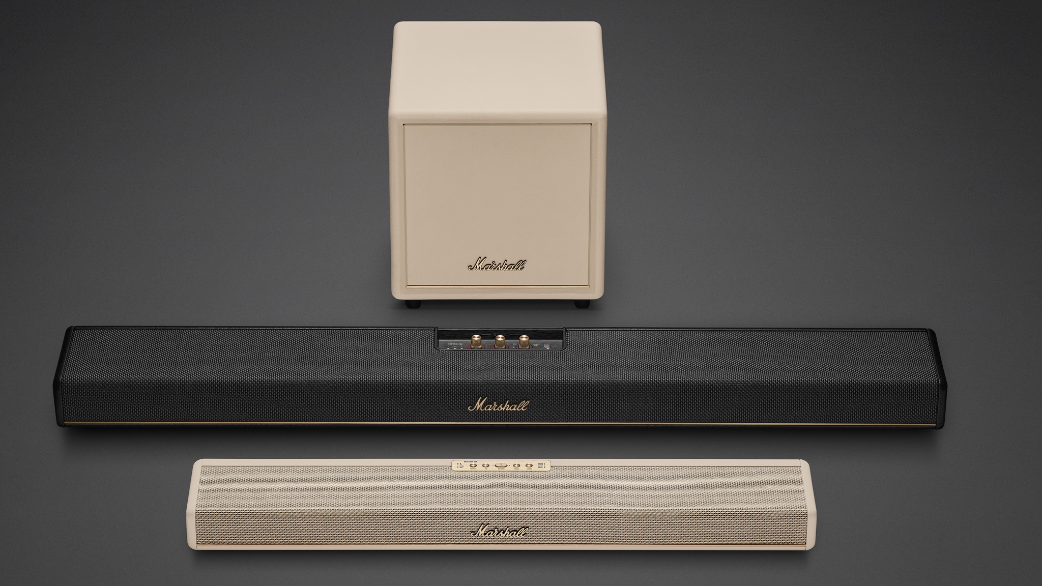 A product shot of the Marshall Heston 60, Marshall Heston 120 and Marshall Sub 200 against a grey background