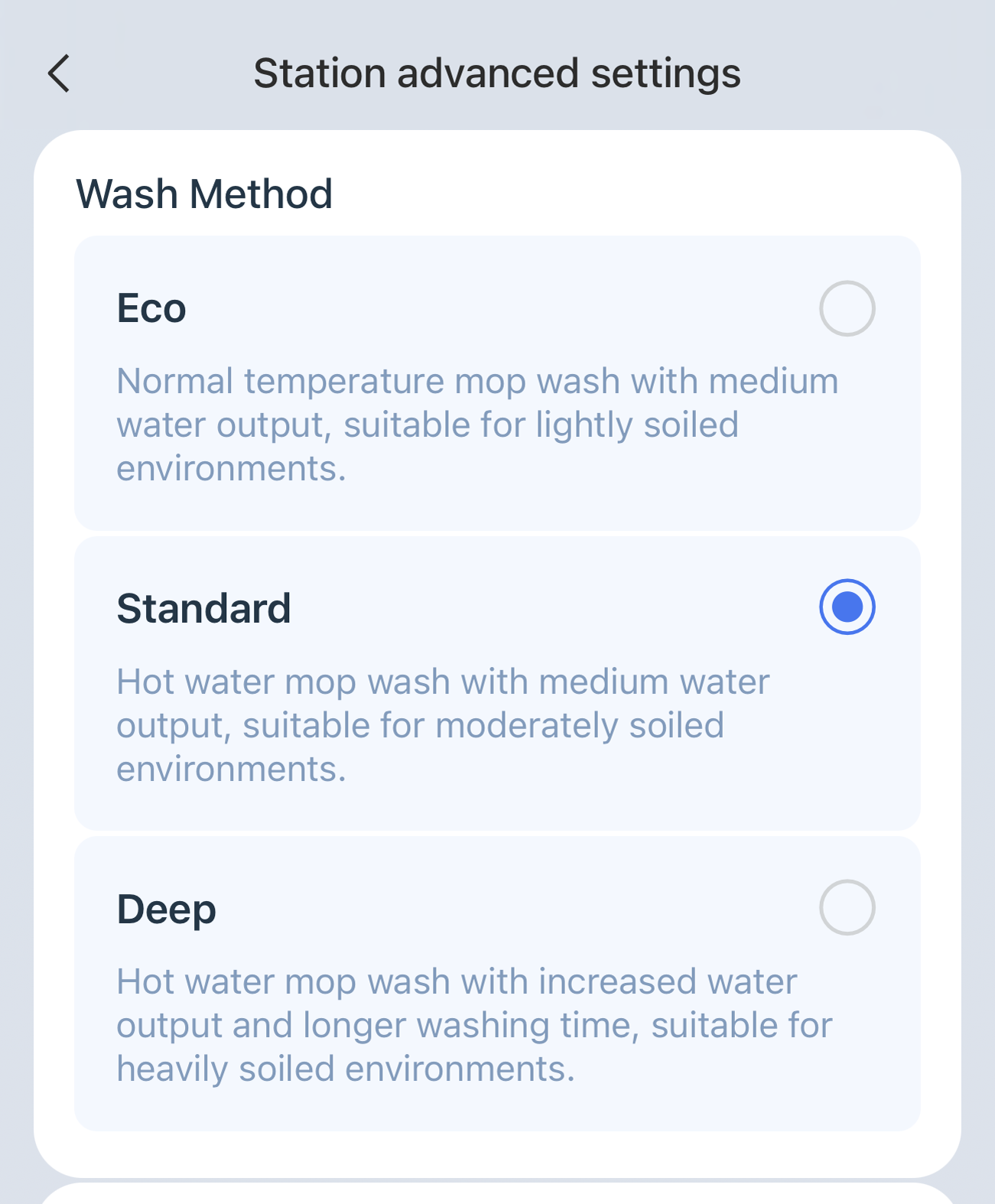 Ecovacs Home app showing advanced OMNI Station settings including wash method and automatic mop washing frequency