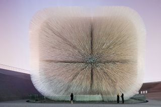 Heatherwick Studio's infamous, porcupine-like, UK Pavilion design for the Shanghai Expo 2010. From every external angle, an image of the Union Jack can be seen within the arrangement of hairs on the pavilion