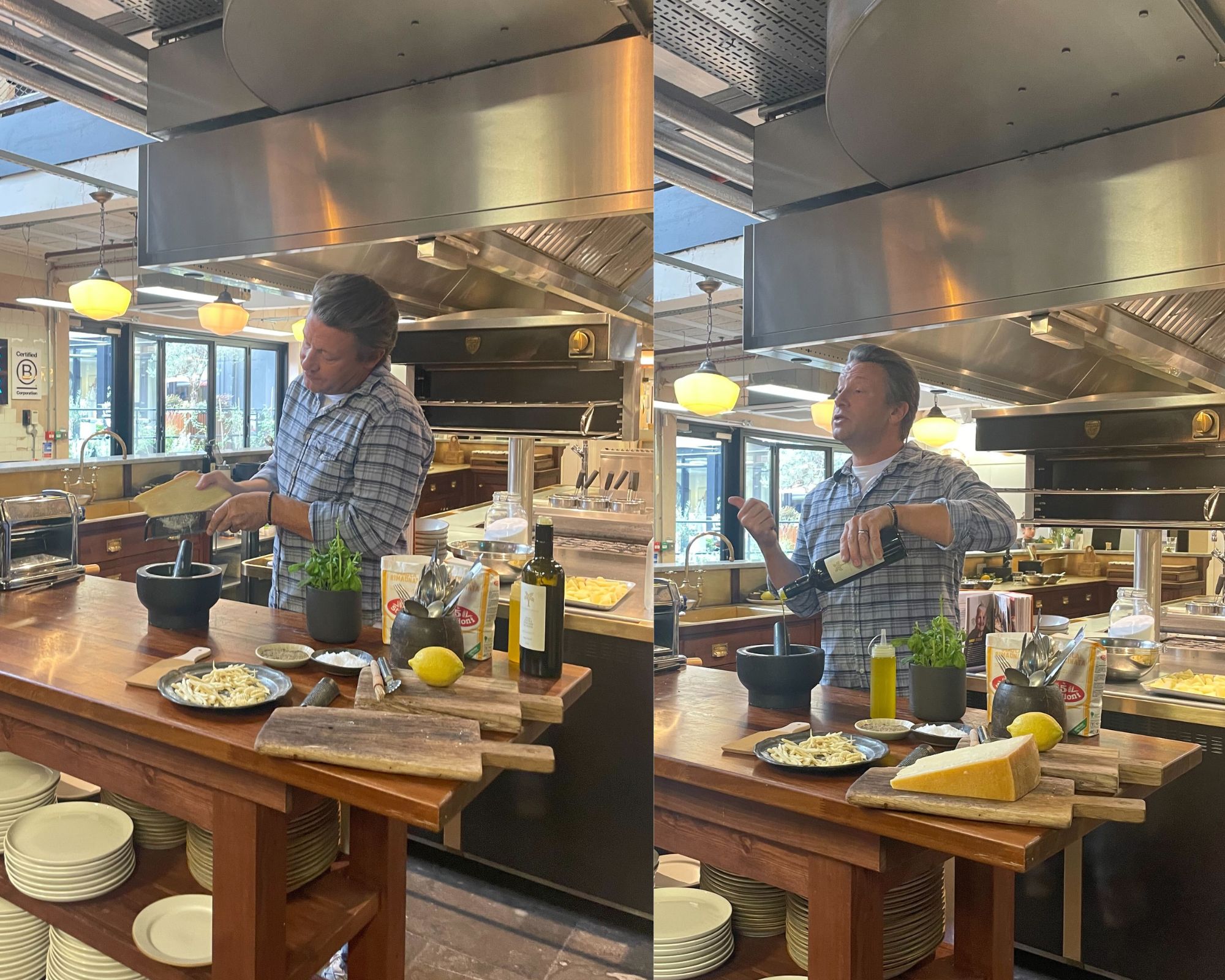 writer sophie edwards making pasta with chef jamie oliver