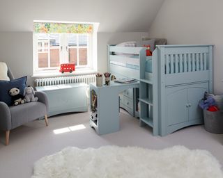 Bunk bed ideas: Pastel blue bunk bed with built-in desk by The Painted Furniture Company