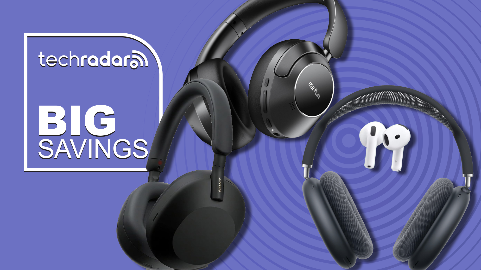 Apple AirPods 4, AirPods Max, Earfun Wave Pro and Sony WH-1000XM5 on purple background with TR&#039;s &#039;big savings&#039; badge 